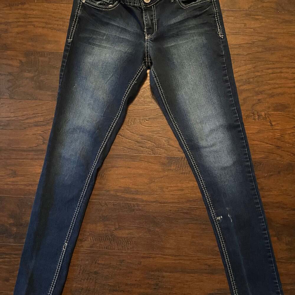 Maurices Dark Wash Mid Rise Skinny Jeans with Sequin Embellished Flap Pockets